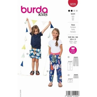 Střih Burda červený 9228 - dětské kalhoty s gumou, tepláky, šortky – Zboží Dáma