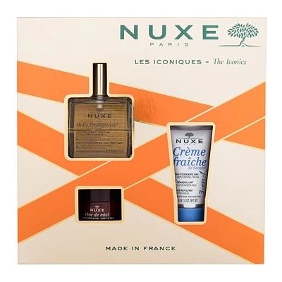 NUXE The Iconics : suchý olej Huile Prodigieuse 50 ml + pleťový krém Créme Fraiche de Beauté 3-In-1 30 ml + balzám na rty Reve de Miel Honey 15 g