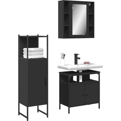 vidaXL Комплект шкафове за баня от 3 части, черен, инженерно дърво (3214755)