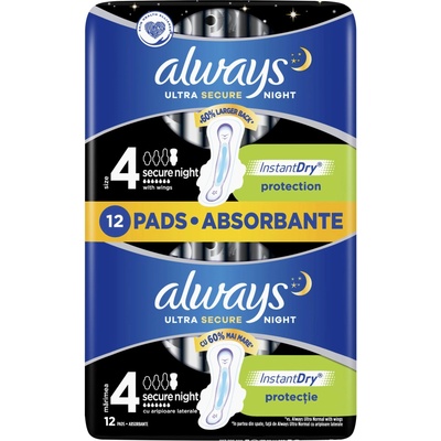 Always Дамски превръзки с крилца Always Ultra - Ultra Night Plus Duo, 12 броя