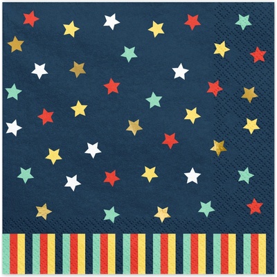 PartyDeco Ubrousky papírové tmavě modré s hvězdami 33x33cm 12ks