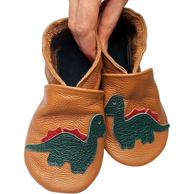 Ebooba kožené capáčky s koženou podrážkou dinosaurus na hnědé
