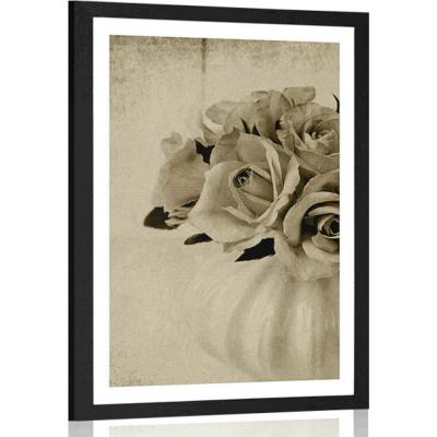Plakát s paspartou růže ve váze v sépiovém provedení - 40x60 white