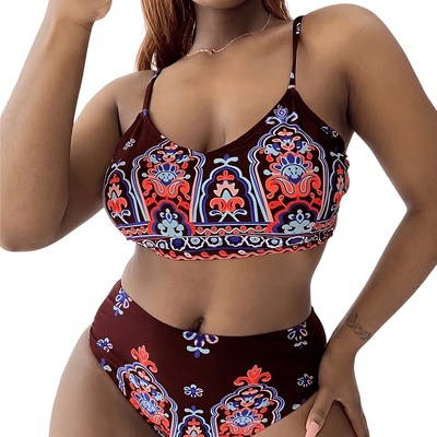 Червено-кафяв дамски макси бански с цветни орнаменти