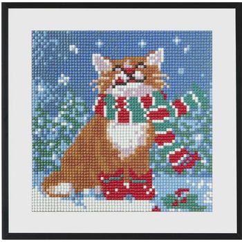 Диамантен Гоблен "Коте с шал" - 20 x 20 см, Кръгли мъниста