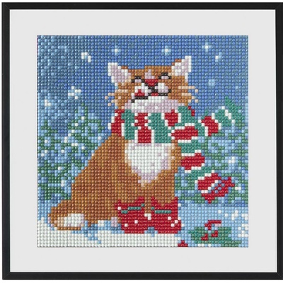 Диамантен Гоблен "Коте с шал" - 20 x 20 см, Кръгли мъниста