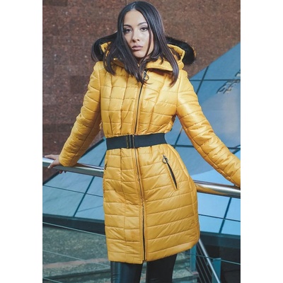 Radek's collection Дълго дамско яке с колан в цвят горчица 22103-301