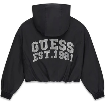 GUESS Преходно късо черно яке за момиче с качулка и голям надпис на гърба Guess