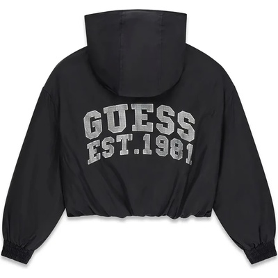 GUESS Преходно късо черно яке за момиче с качулка и голям надпис на гърба Guess