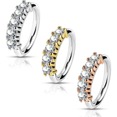 Šperky eshop ocelový piercing do nosu do ucha lesklý kroužek pět kulatých zirkonů W15.34 zlatá