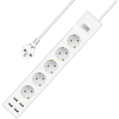 Удължител DLFI, 5 гнезда, 250V, 16A, Кабел, 3m, 4 x USB F, С ключ, Бял - 17890 (17890)
