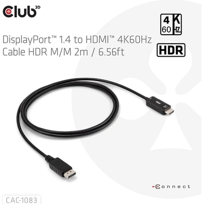 Club 3D Club3D кабел - (DisplayPort 1.4 към HDMI 2.0, активен адаптер, 4K60Hz, HDR, 2 м) (CAC-1083) (CAC-1083)