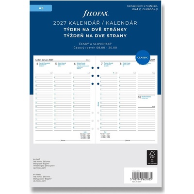 Filofax kalendář A5 2027 ČJ+SJ týden/2 stránky