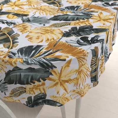 Biante bavlna oválný ubrus Sandra SA-388 Šedozelené a zlaté tropické listy na bílém 140x160cm