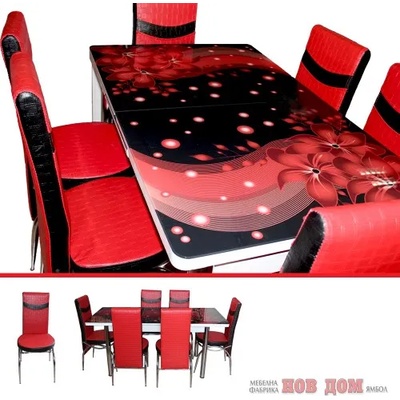 Мебелна фабрика НОВ ДОМ - гр. Ямбол Комплект маса + 6 стола Червени цветя (1013345)