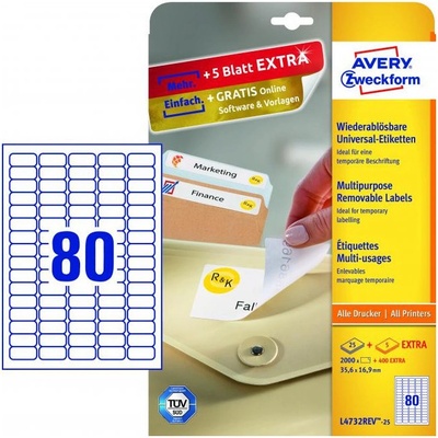 Avery-Zweckform L4732REV-25 35.6 x 16.9 mm papier biela 2400 ks premiestniteľné univerzálne etikety atrament, laser, kópie; L4732REV-25