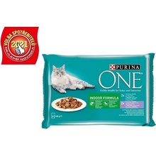 Purina ONE Indoor minifiletky s tuniakom a zelenými fazuľkami s teľacím a mrkvou 4 x 85 g