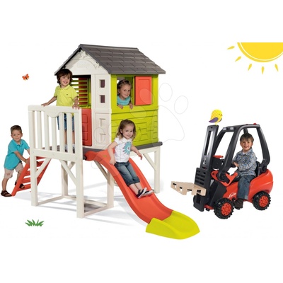 Smoby Set detský domček na pilieroch Pilings House s 1,5 m šmykľavkou+vysokozdvižný vozík na šliapanie Linde s paletou SM810800-20