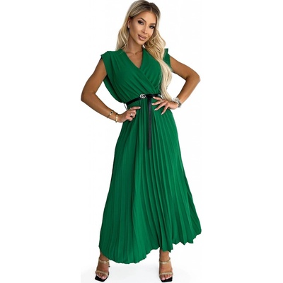 Numoco basic šaty s volánky výstřihem a černým páskem zelené