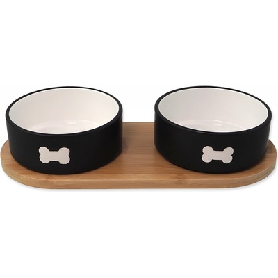 DOG FANTASY Set misky keramické s podtáckom čiernej kosti 2x 13 x 5,5 cm