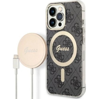 Image 1 of GUESS Комплект безжично зарядно устройство и кейс Guess GUBPP13LH4EACSK за iPhone 13 Pro, черен / черен, твърд, съвместим с MagSafe, 4G Print (GUE002542-0)