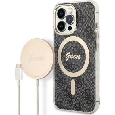 GUESS Комплект безжично зарядно устройство и кейс Guess GUBPP13LH4EACSK за iPhone 13 Pro, черен / черен, твърд, съвместим с MagSafe, 4G Print (GUE002542-0)