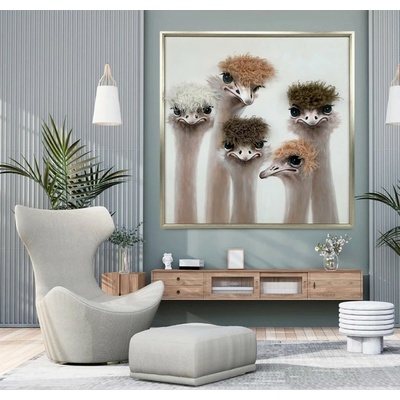 3D umelecký obraz na stenu s rámom EMU s umelou hrivou – OSTRICHES 80 × 80 cm