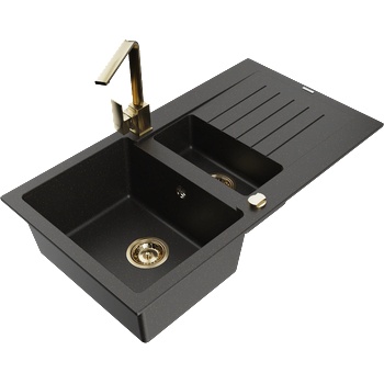 Mexen Matias гранитна мивка 1, 5-камерна с отцедник и кухня смесител Rita, черен/златен - 6502-75-670300-50 (6502-75-670300-50)