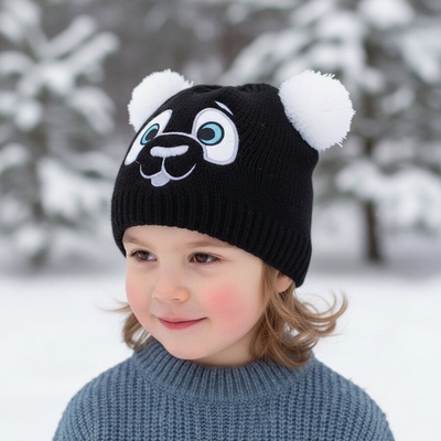 Детска черна шапка мече с бели ушички
