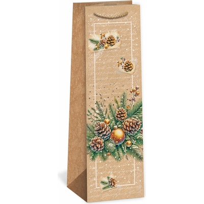 ARGUS Darčeková papierová taška NATUR na víno (11 x 36 cm) - Vetvička so zlatou guľou 08340104
