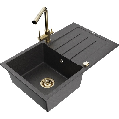 Mexen Bruno гранитна кухненска мивка с 1 корито с отцедник и кухненски смесител Duero, черно на точки - 6513-76-671600-50 (6513-76-671600-50)