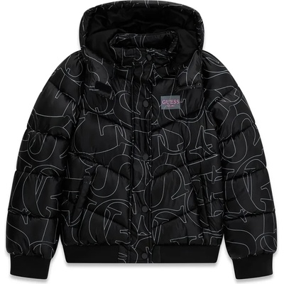 GUESS Късо яке за момиче в черен цвят с бели детайли и розов надпис Guess