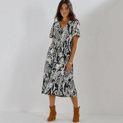 Midi šaty na knolfíky indigo režná