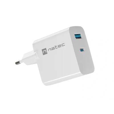 NATEC Адаптер Natec USB Charger, Ribera Gan, 1X USB-A + 1X USB-C, 45W, бял (NUC-2142)