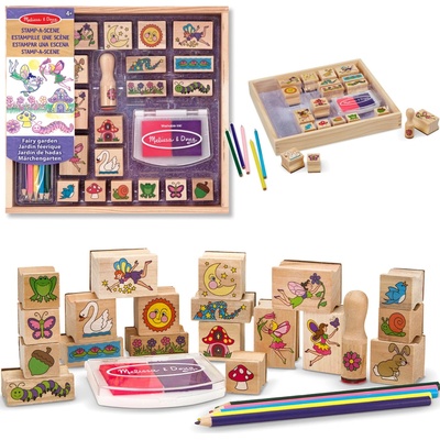 Melissa & Doug kreativní sada dřevěná razítka vílí zahrada (20 motivů, inkoust a pastelky)