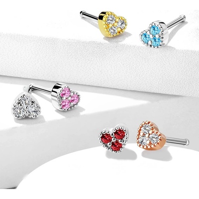 Šperky eshop Rovný piercing do nosu z oceli srdce se zirkony O09.17 Měděná čirá