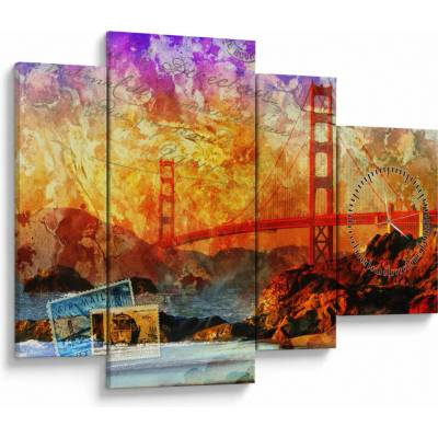 Obraz - Golden Gate, San Francisco, Kalifornie (s hodinami), Čtyřdílný 110x75 cm s hodinami – Hledejceny.cz