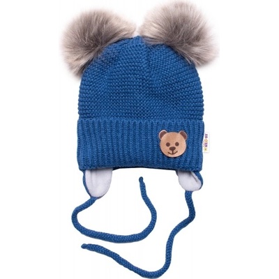 BABY NELLYS Zimná čiapka s fleecom Teddy Bear chlupáčk. bambuľky tm. modrá šedá