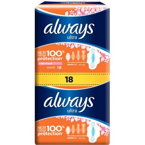 Always Дамски превръзки с крилца Always Ultra - Normal Fresh Duo, 18 броя