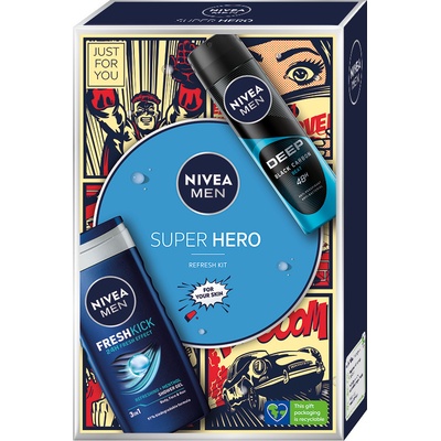 Nivea Men Super Hero sprchový gel Men Fresh Kick 250 ml + antiperspirant Men Deep Beat 150 ml dárková sada