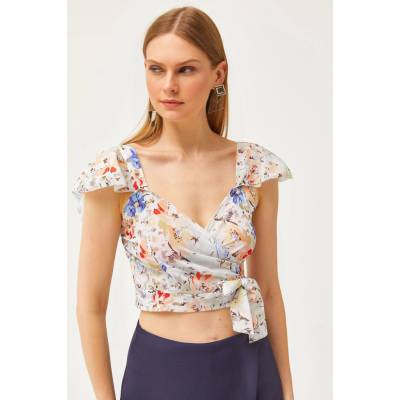 Olalook Women's Blue Floral Side Zipper Sleeve Detailed Mos Crepe Blouse krémová 2000300602117