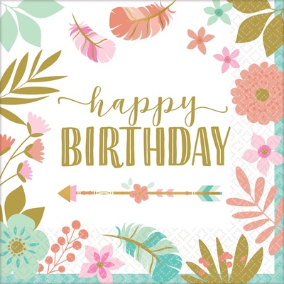 Amscan ubrousky Boho Birthday Girl 33x33cm 16ks
