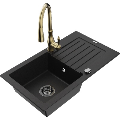 Mexen Pablo гранитна мивка с 1 корито и сушилник и кухненски смесител Savita, черен - 6510-77-672601-50-B (6510-77-672601-50-B)