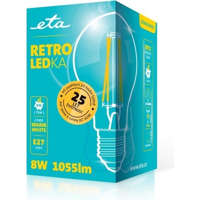 Eta RETRO LEDka klasik filament 8W, E27, teplá bílá