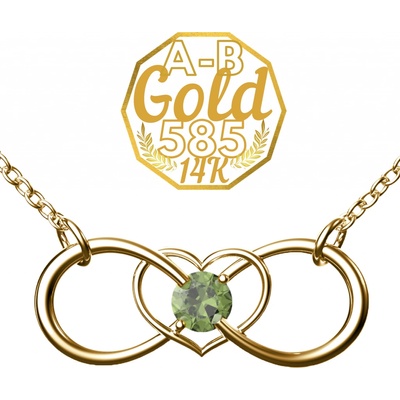 A B Necklace infinity in the shape of a heart with natural Czech moldavite in yellow goldjw AUV1092