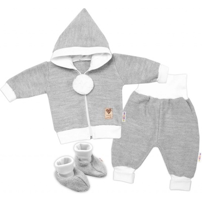 Baby Nellys 3-dielna súprava Hand made pletený kabátik kalhoty a topánočky sivá