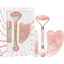 Crystallove Rose Quartz Beauty Set Sada na obličej: masážní roller + kámen Gua Sha + lahvička na olej