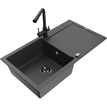 Mexen Leo гранитна мивка с 1 отделение, с отцедник и кухненски смесител Duero, черен на пръски - 6501-76-671600-70-B (6501-76-671600-70-B)