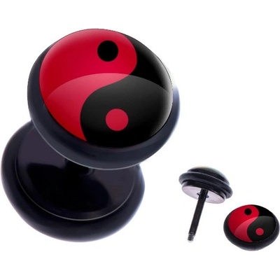 Šperky eshop fake plug do ucha z oceli červeno-černý symbol Jin a Jang AA41.05
