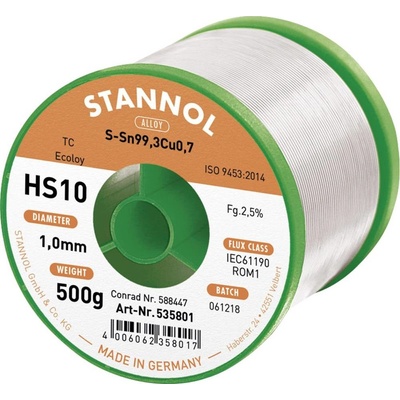 Stannol HS10 2510 spájkovací cín bez olova cievka Sn99,3Cu0,7 ROM1 500 g 1 mm
